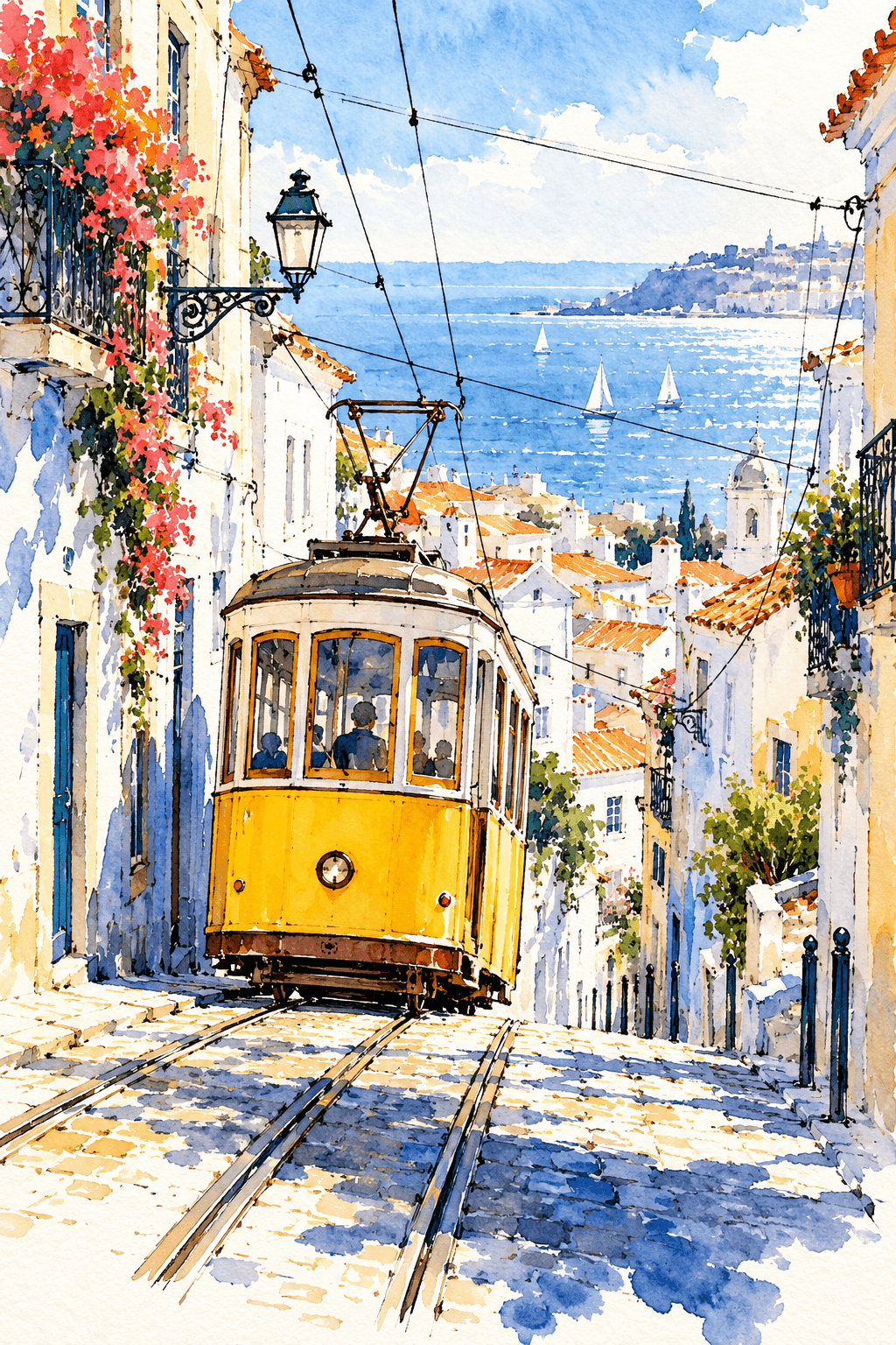 Watercolor Vintage Tram Cityscape