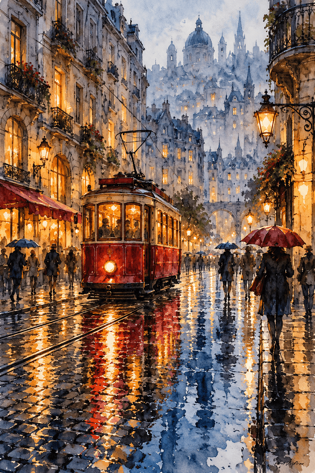 Watercolor Vintage Tram Cityscape — image 2 of 3